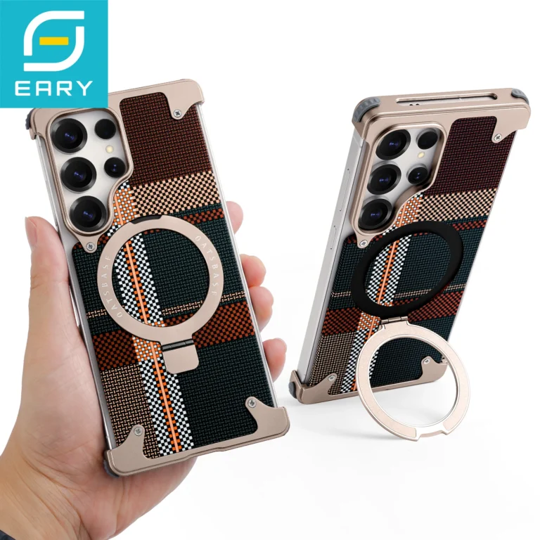| Wholesale Price at Gaffar India Eary Phone Case for Samsung Galaxy S25 Ultra with Stand Magsafe Carbon Fiber Textured Cover Metal Frameless Shockproof Protector
