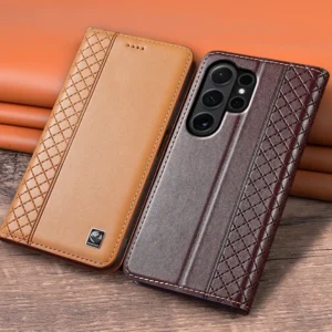 Flip Case For SAMSUNG Galaxy S26 S25 S24 S23 Ultra Plus FE 5G Genuine Leather Magnetic Cover Cowhide Grid Pattern Wallet Cases