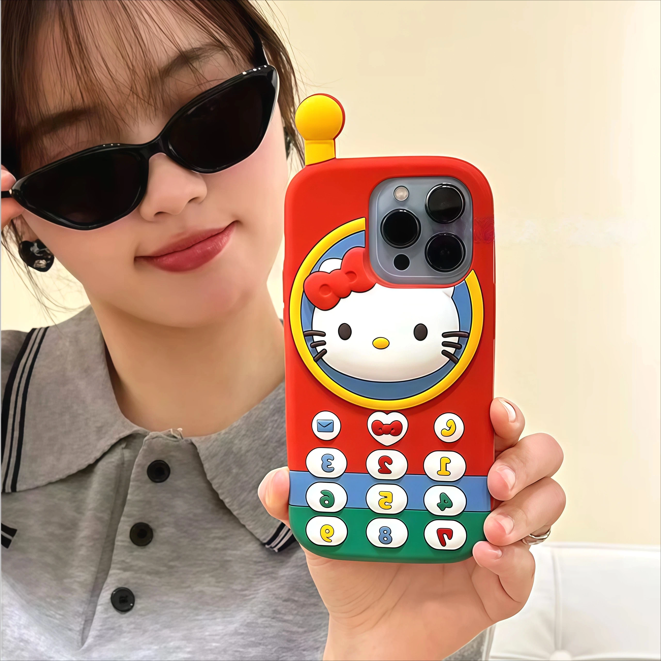 Lovely Cartoon 3D Hello Kitty Telephone Phone Case For iPhone 17 16 15 14 13 12 Pro Max Plus 17 Pro Shockproof Anime Phone Cover