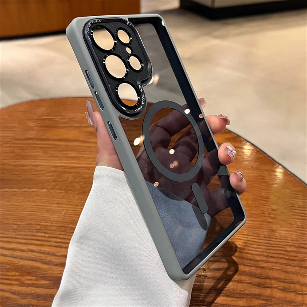 Luxury Magnetic Wireless Charge For Magsafe Case Samsung Galaxy S26 S25 Plus S24 Ultra Lens Protection Bumper Transparent Cover