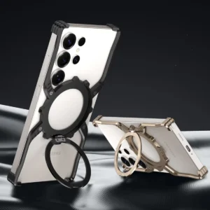 Luxury Metal Magnetic Luminous Stand Phone Case For Samsung Galaxy S25 S24 S23 S22 Ultra Aluminum Hollow Rimless Bumper Cover