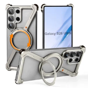 Oatsbasf for Samsung Galaxy S26 Ultra Frameless Metal Bumper Z Case Phone Case with 360°Rotating Stand Magnetic Shockproof Cover