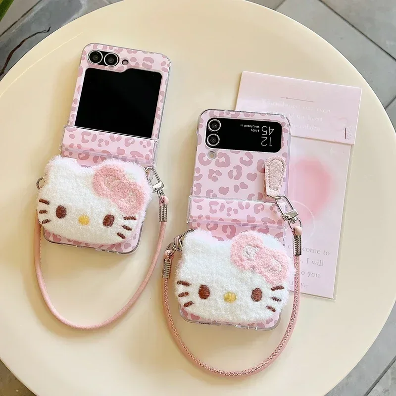 Phone Case For Samsung Galaxy Z Flip 6 5 4 3 Cover 3D Cute Cartoon Sanrio Hello Kitty Leopard Print Furry Plush With Lanyard