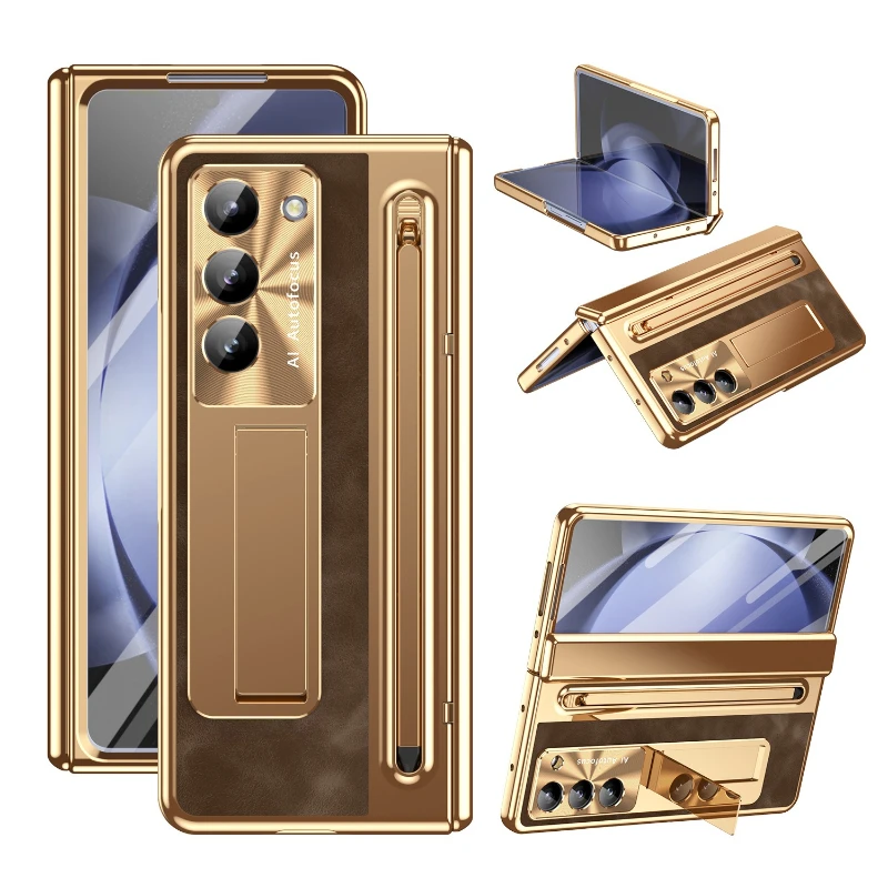 Kickstand Pen Hinge Protection Leather Case For Samsung Galaxy Z Fold 8 Ultra 7 6 5 4 Cover With Bracket Stylus Screen Protector