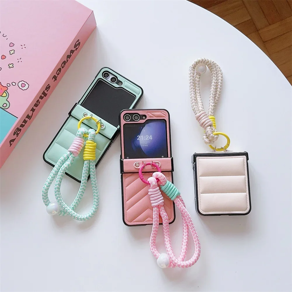 Down Jacket Style PU Leather Cover with Wrist Strap Bracelet For Samsung Galaxy Z Flip 7 FE 6 5 4 3 Hinge Protective Phone Case